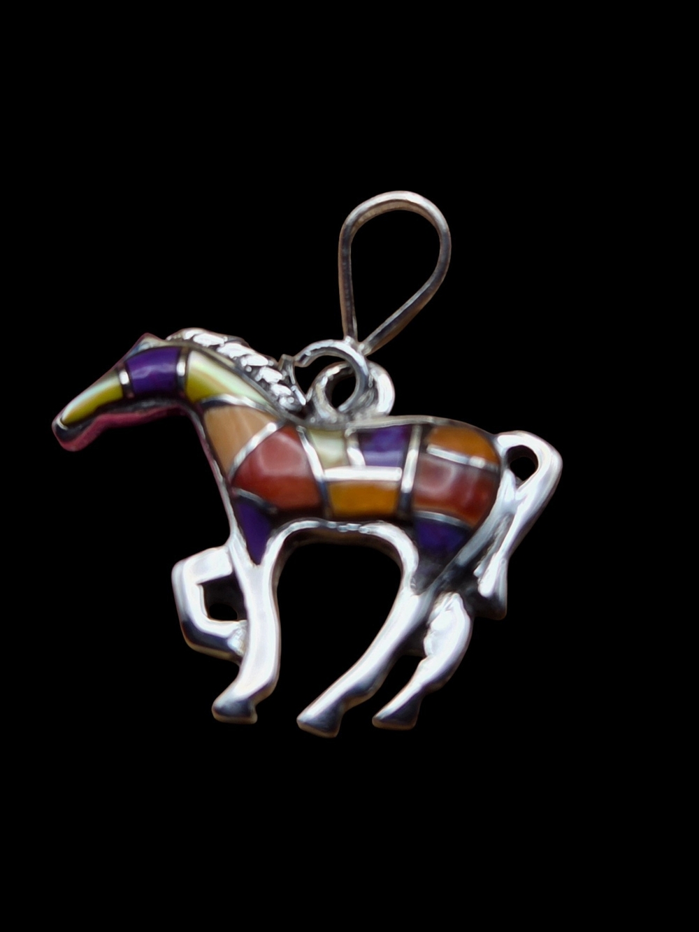 Multicolor Horse Pendant Charm - Silver Inlay Horse Jewelry